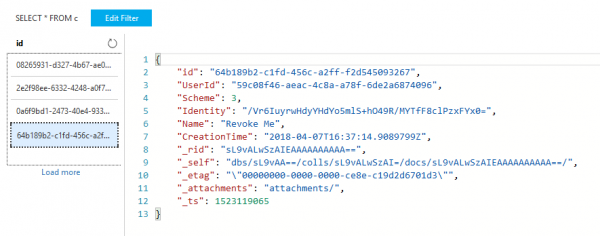 Viewing Revoked API Key in Cosmos DB Data Explorer